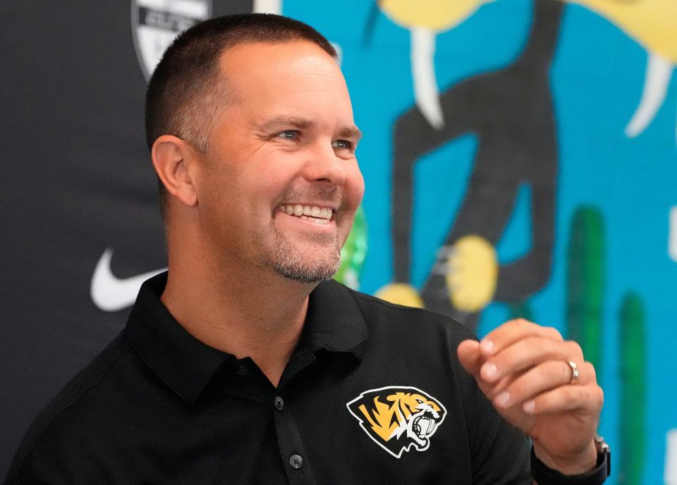 Jan 18, 2023; Scottsdale, AZ, U.S.;  Zak Hill, former Arizona State offensive coordinator, speaks during a press conference announcing him as the new Saguaro High School head football coach. Mandatory Credit: Cheryl Evans-Chow-Arizona Republic