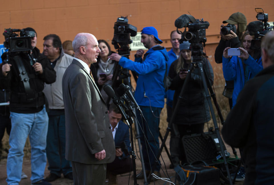 District Attorney Dan May speaks to the media outside the Teller County Courthouse in Cripple Creek, Colo., Monday, Nov. 18, 2019, after Patrick Frazee was found guilty for the murder of his fiancee, Kelsey Berreth, the mother of his toddler daughter. Frazee was given life without parole plus 156 years in prison. (Christian Murdock/The Gazette via AP)