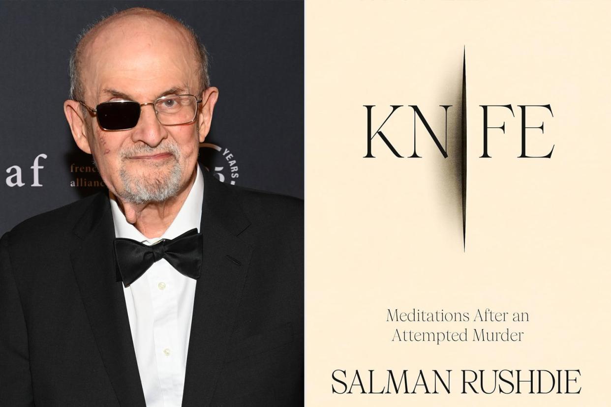 <p>Dave Kotinsky/Getty; Random House </p> Salman Rushdie and the cover of 