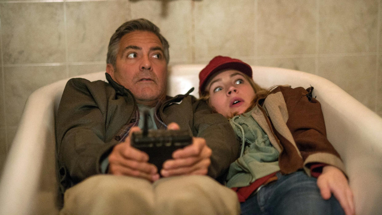  Frank and Casey hide in a bathtub in 2015's Tomorrowland, one of June's new Disney Plus movies. 