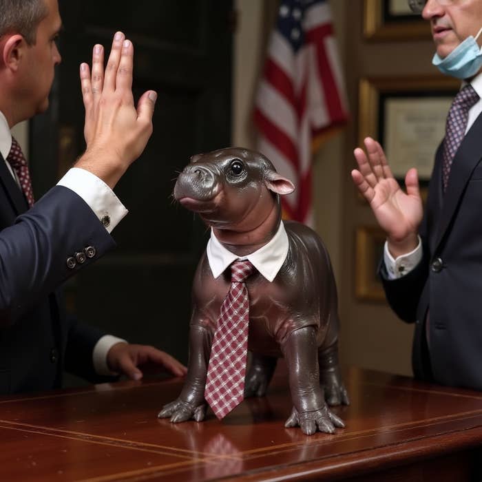 A small hippo in a suit and tie stands on a desk while two men in suits raise their hands and swear an oath in an office setting.