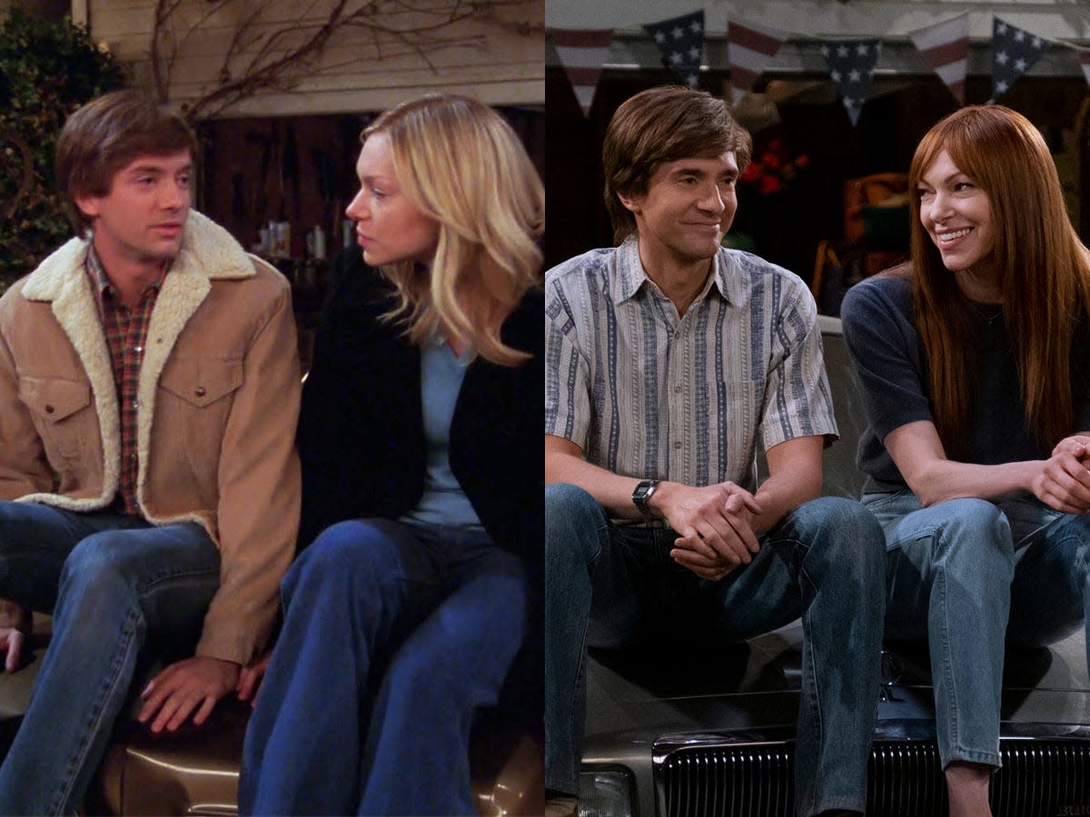 On the left: Topher Grace and Laura Prepon on the series finale of "That '70s Show." On the right: Grace and Prepon on season one of "That '90s Show."