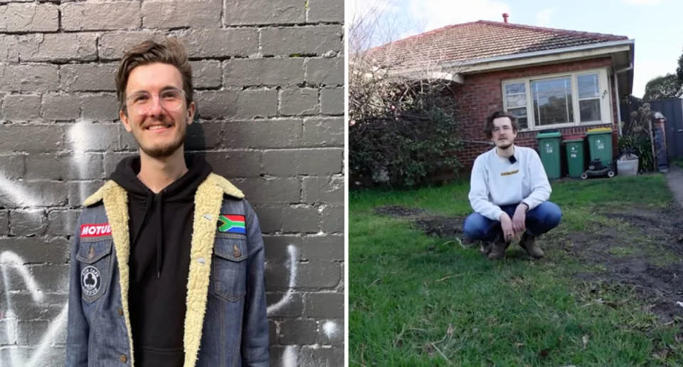 Left: Rental advocate Jordie van den Berg standing against grey brick wall. Right: Jordie van den Berg crouching on grass in front of house