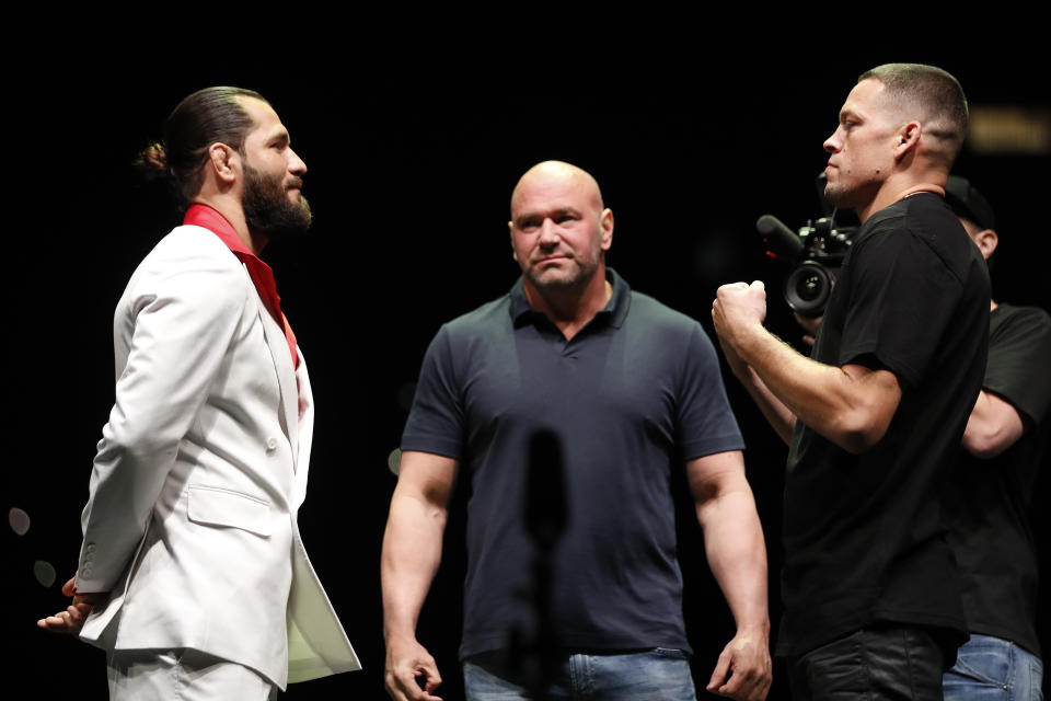 NEW YORK, NEW YORK - SEPTEMBER 19: Jorge Masvidal and Nate Diaz face off during a press conference ahead of UFC 244 at The Rooftop at Pier 17 on September 19, 2019 in New York City. (Photo by Michael Owens/Zuffa LLC/Zuffa LLC)