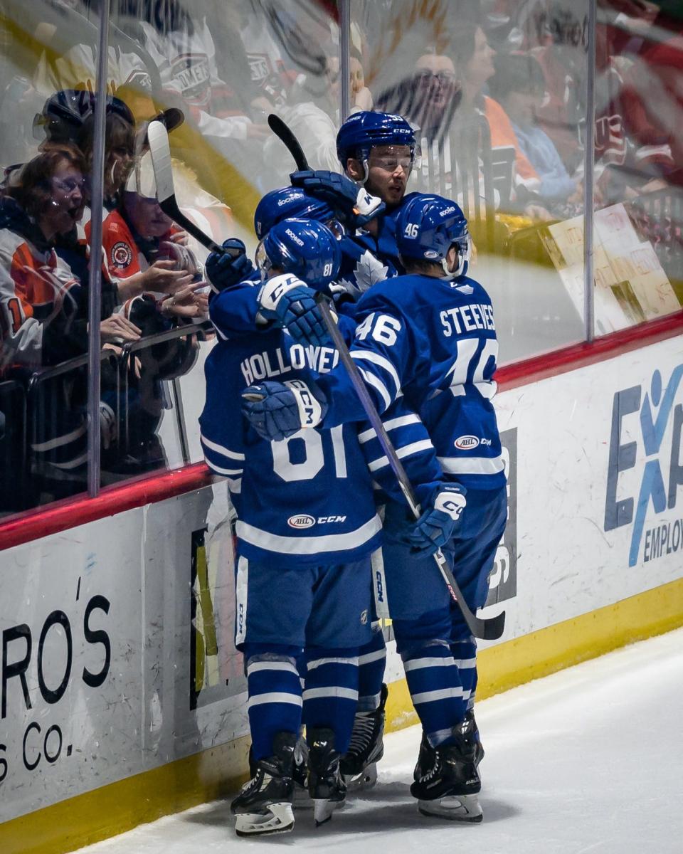 Matteo Pietroniro celebrates his goal for the Toronto Marlies with his teammates.