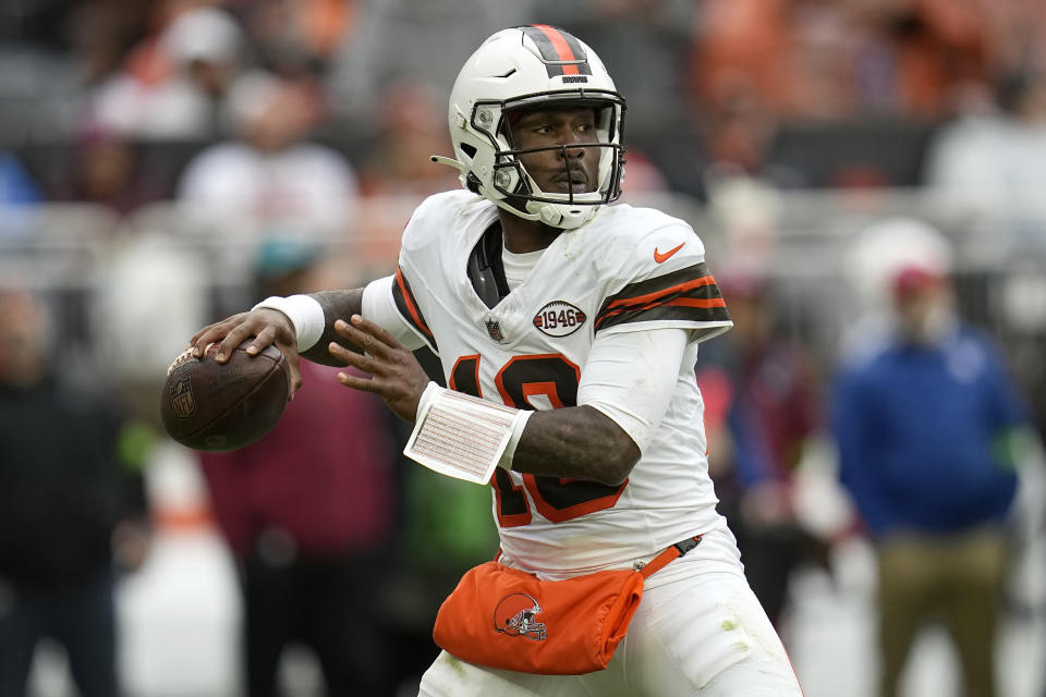 Cleveland Browns quarterback PJ Walker passes against the San Francisco 49ers during the second half of an NFL football game Sunday, Oct. 15, 2023, in Cleveland. (AP Photo/Sue Ogrocki)