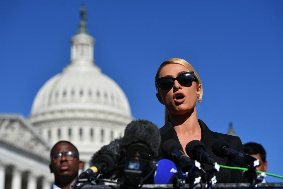 Paris Hilton speaks on Capitol Hill in Washington, D.C., Wednesday. (Photo by Mandel Ngan/AFP via Getty Images)