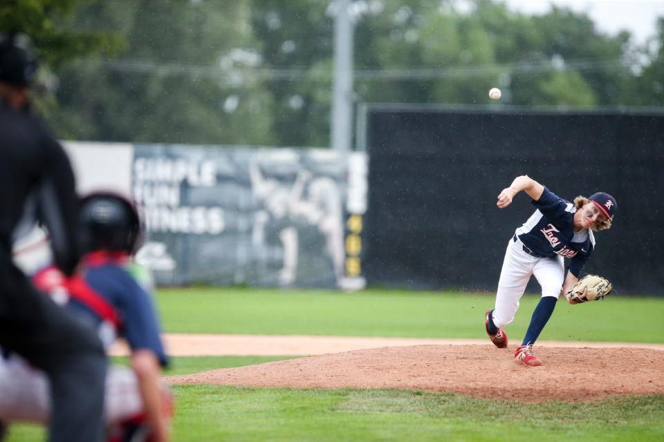 Kennedy's Andrew Cuff (4) throws a pitch during the OSAA 2A/1A state championship against Umpqua Valley Christian on Friday, June 3, 2022 at Volcanoes Stadium in Keizer, Ore. 