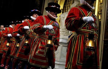 Yeoman warders take part in the traditional "ceremonial search" in the Prince's chamber in the houses of Parliament before the Queen's Speech during the State Opening of Parliament, at the Palace of Westminster in London, Britain May 18, 2016. REUTERS/Alastair Grant/Pool