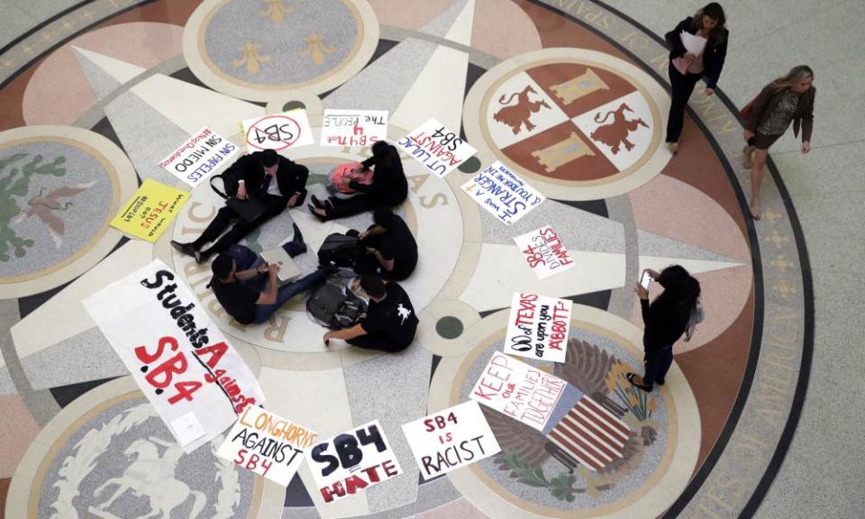 Students in April protested at the Texas Capitol against SB4, a state immigration law against which civil rights groups will argue this week during a federal court hearing. 