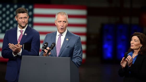 PHOTO: Rep. Sean Patrick Maloney speaks at an IBM facility in Poughkeepsie, N.Y., on Oct. 6, 2022.  (Dana Ullman/Bloomberg via Getty Images)