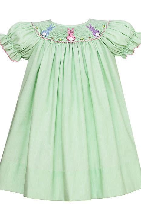Green Smocked Colorful Cottontails Easter Bunny Dress