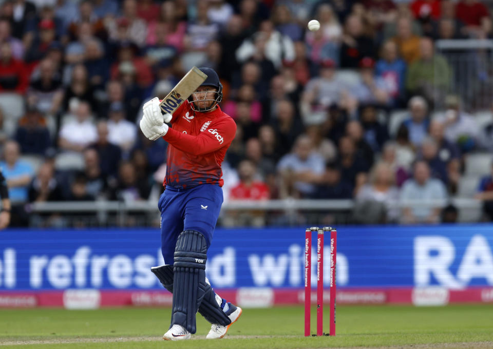 England's Jonny Bairstow bats during the IT20 match between England and New Zealand at Emirates Old Trafford, Manchester, England, Friday Sept. 1, 2023. (Nigel French/PA via AP)