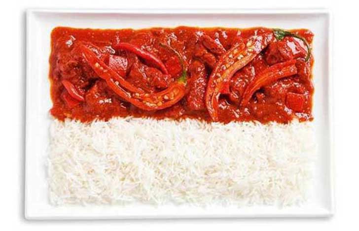 Indonesia. Aquí vemos curry picante y arroz. Y a ti, ¿cuál de todas estas banderas te gustaría probar? Déjanos tus comentarios. 