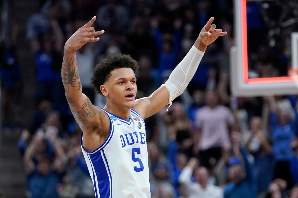 Duke forward Paolo Banchero celebrates during the first half of a college basketball game against Arkansas in the Elite 8 round of the NCAA men's tournament in San Francisco on March 26.