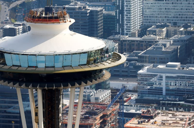 FILE PHOTO: People take in the view from the top of the Space Needle in this aerial photo in Seattle