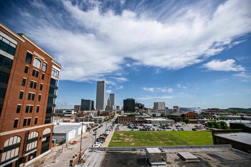 The view of downtown Tulsa is seen from the terrace of the OKPOP building in Tulsa on Saturday, May 7, 2022.