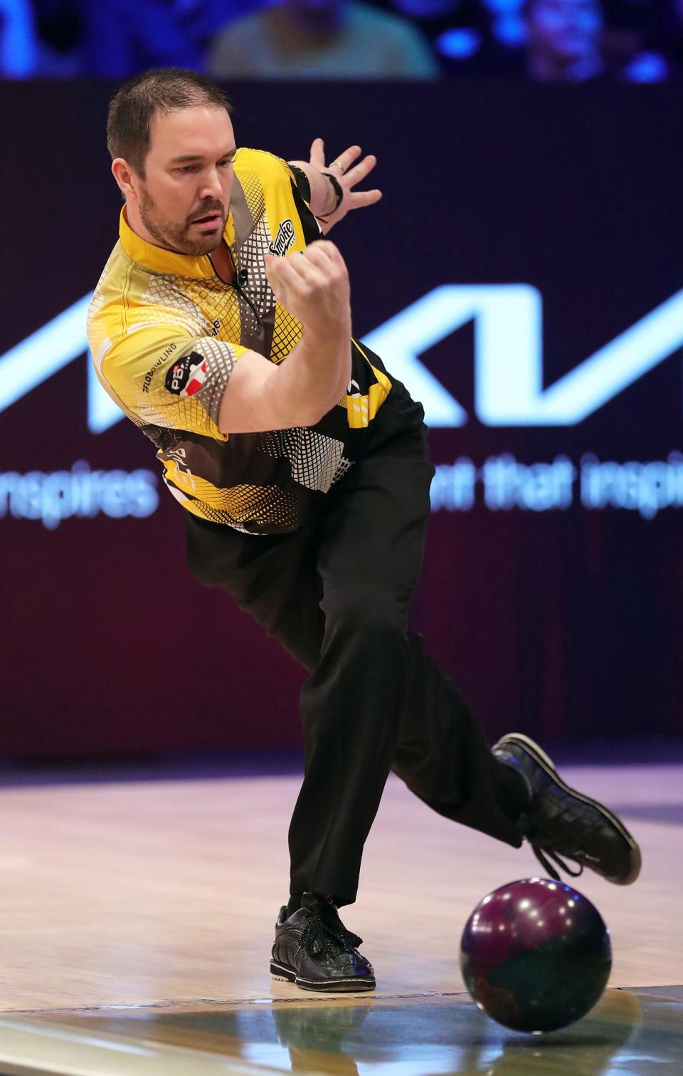 Sean Rash makes a roll down the lane during his match against Shawn Maldonado in the Kia PBA Tournament of Champions at AMF Riviera Lanes on Sunday.