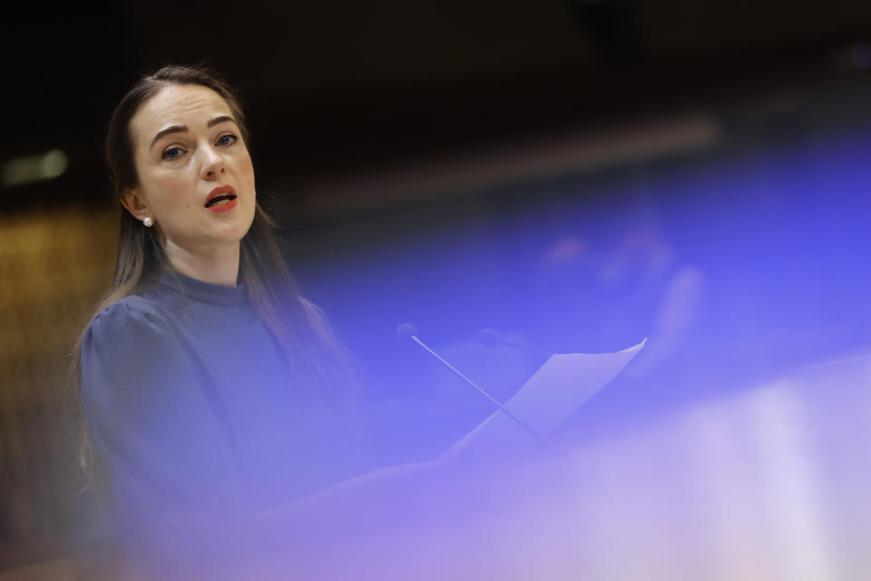 Oleksandra Matviichuk, an Ukrainian human rights lawyer, head of the Center for Civil Liberties and 2022 Nobel Peace Prize laureate, speaks during a session at the Council of Europe Parliamentary Assembly (PACE) in Strasbourg, eastern France, Thursday, Jan.26, 2023. The Council of Europe Parliamentary Assembly is holding an urgent debate on the legal and human rights aspects of the Russian's aggression against Ukraine. (AP Photo/Jean-Francois Badias)