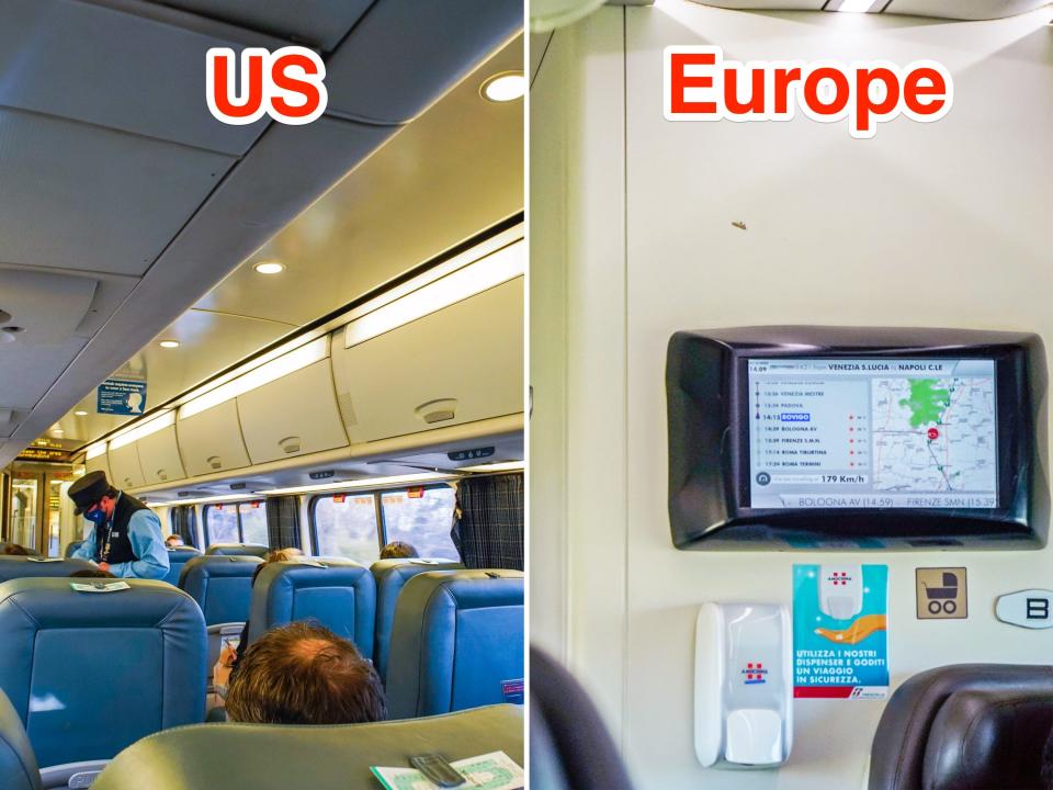 Inside a US train car (L) and an informative screen on a European train (R).