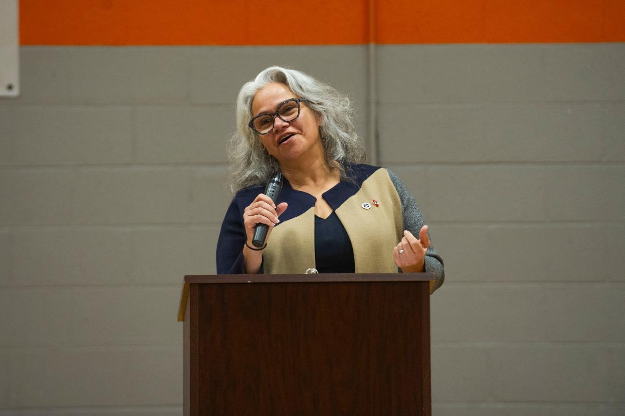 Lizzette Reynolds, Tennessee Commissioner of Education, speaks during a Clinton Elementary School assembly in the gym on March 28. Assistant Principal Abbey Cox Kidwell was awarded $25,000 as the sole Tennessee winner this year of a Milken Educator Award. The award was started by the Milken Family Foundation.