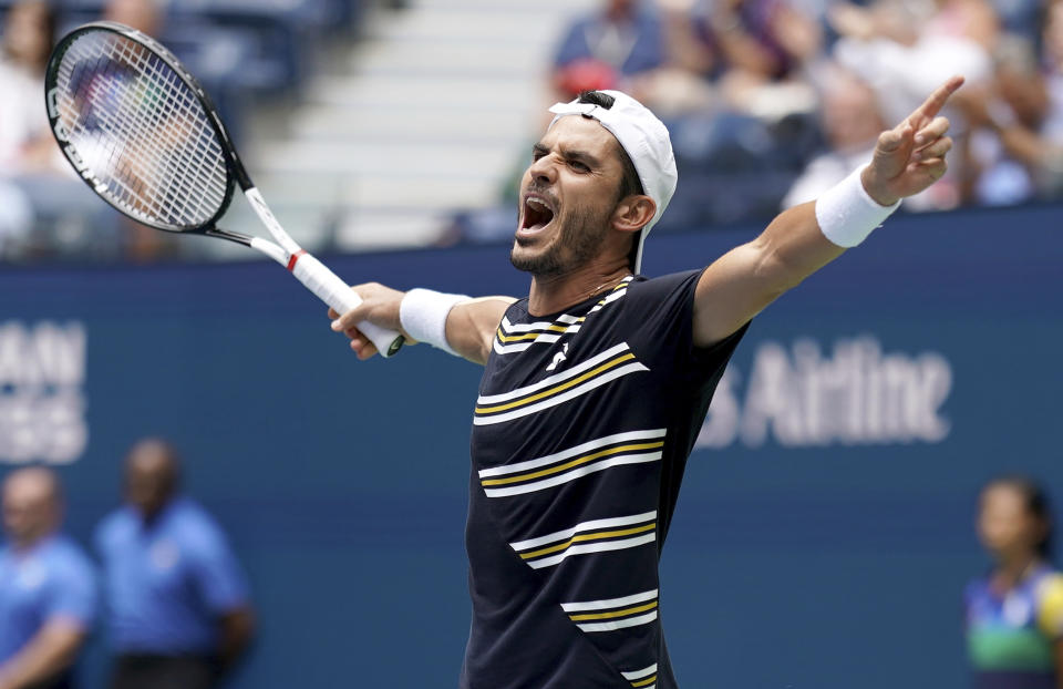 Thomas Fabbiano, of Italy, reacts after defeating Dominic Thiem, of Austria, during the first round of the US Open tennis tournament Tuesday, Aug. 27, 2019, in New York. (AP Photo/Michael Owens)