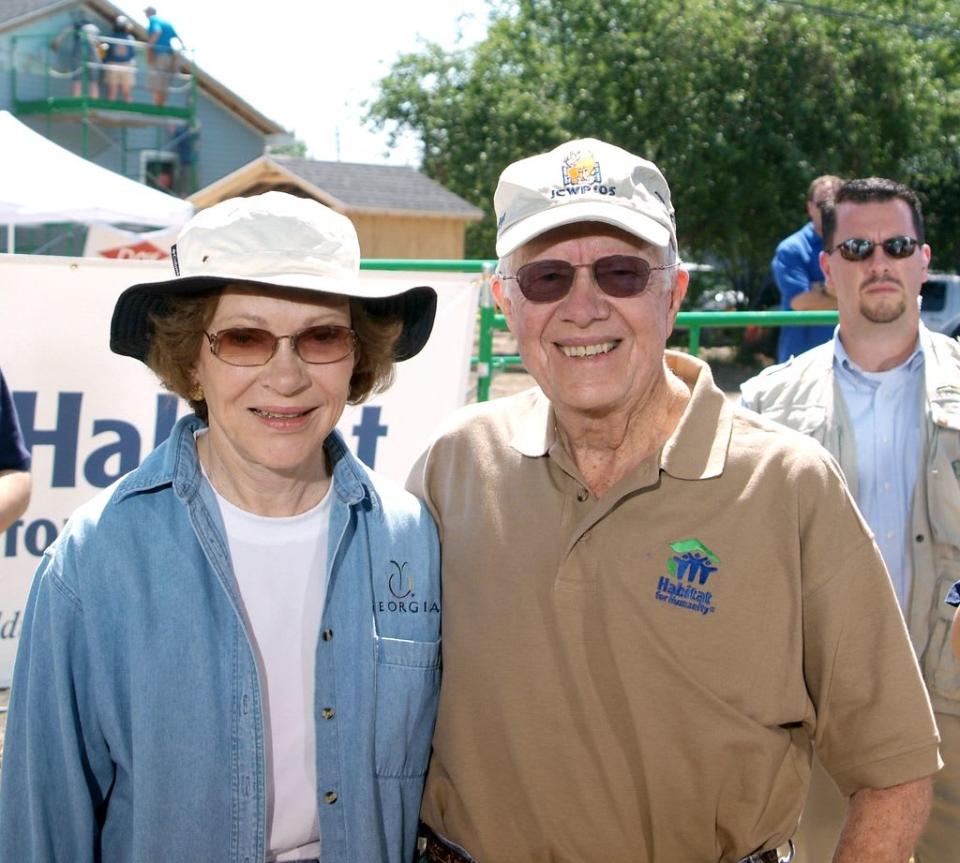 Portrait of married couple, former US First Lady Rosalynn Carter and former American President Jimmy Carter as they attend a Habitat for Humanity event, Detroit, Michigan, June 22, 2005