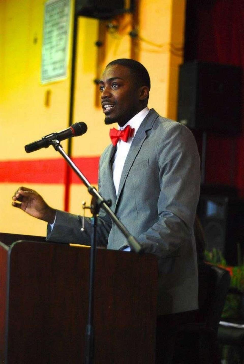 PHOTO: Phelton Moss gives class speech after his second year as a HS English teacher at Greenwood High School where he was teacher of the year for two consecutive years in Greenwood, Miss., 2014. (Courtesy Phelton Moss)