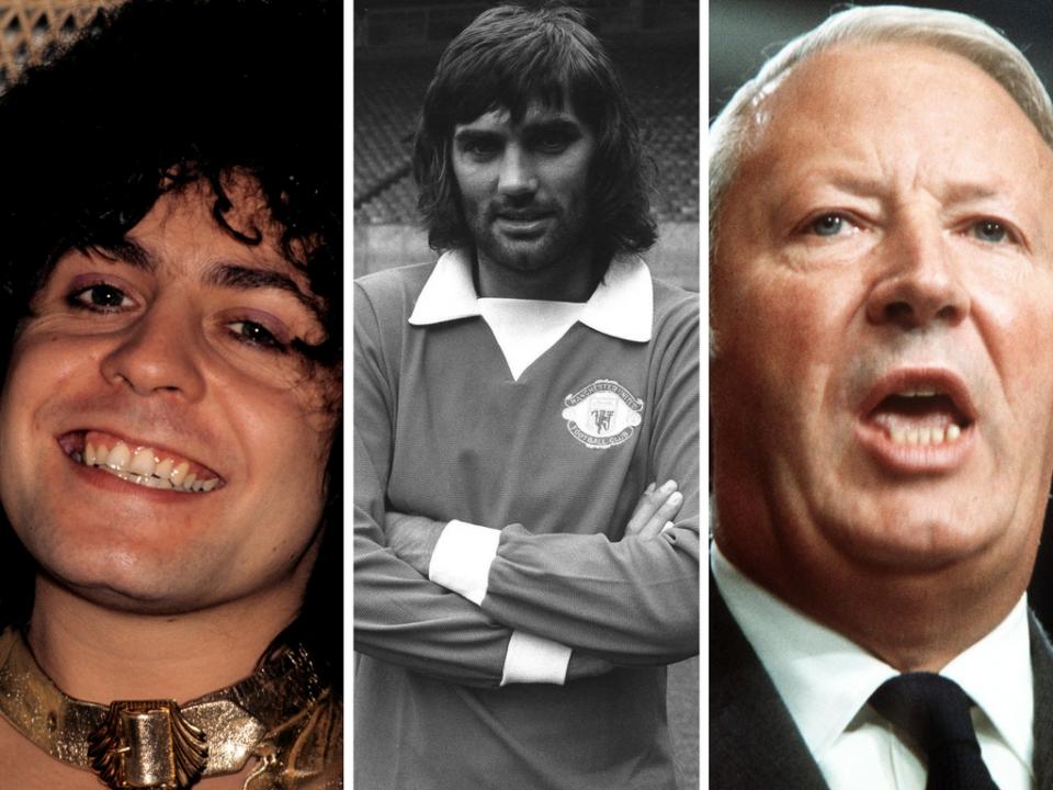 T Rex's Marc Bolan, George Best and prime minister Edward Heath