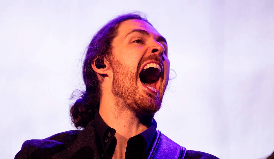 Hozier in concert at Coastal Credit Union Music Park at Walnut Creek in Raleigh, N.C., Saturday night, April 20, 2024.