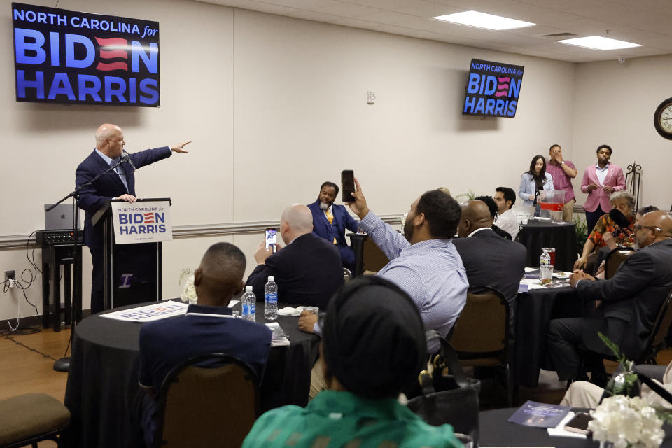 Mitch Landrieu, former mayor of New Orleans and current senior advisor to President Joe Biden, speaks at a meeting of the Democratic Committee of North Carolina at the Word of Tabernacle Church in Rocky Mount, N.C., Thursday, May 23, 2024. (AP Photo/Karl B, DeBlaker)