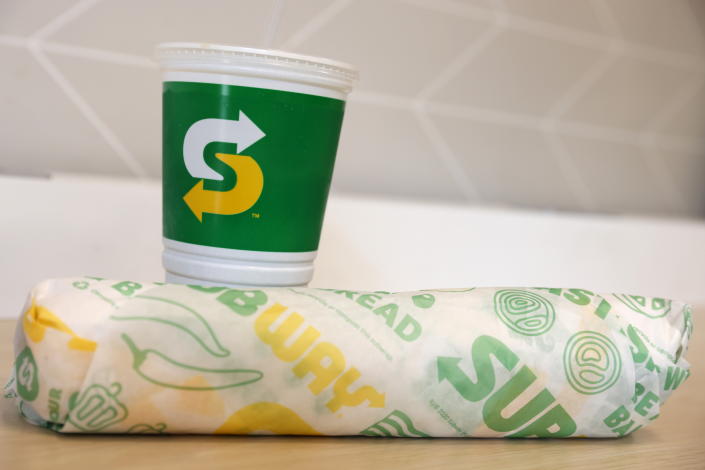 A subway sub and drink is seen in a photo illustration at a Subway restaurant in Manhattan, New York City, U.S., November 23, 2021. REUTERS/Andrew Kelly