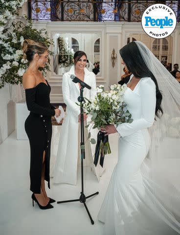 <p>Aly Kuler</p> Daria Berenato and Toni Cassano with Maria Menounos on their wedding day.
