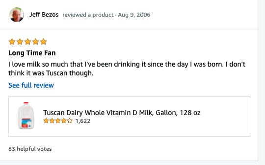 Jeff Bezos' review of milk on his public profile