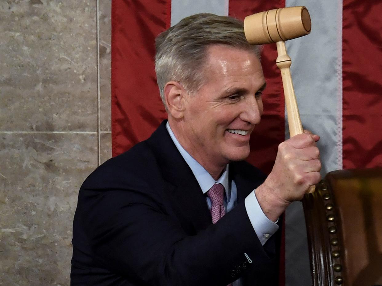 Newly elected Speaker of the US House of Representatives Kevin McCarthy holds the gavel