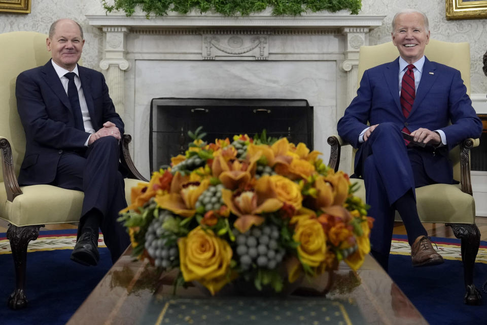 President Joe Biden meets with German Chancellor Olaf Scholz in the Oval Office of the White House in Washington, Friday, March 3, 2023. (AP Photo/Susan Walsh)