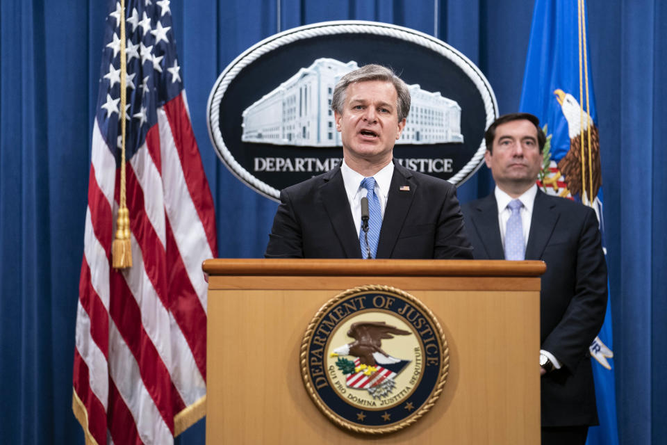 Christopher Wray, director of the FBI, speaks during a news conference at the Department of Justice in Washington, D.C., on Wednesday, October 28, 2020. / Credit: Sarah Silbiger/Getty Images/Bloomberg