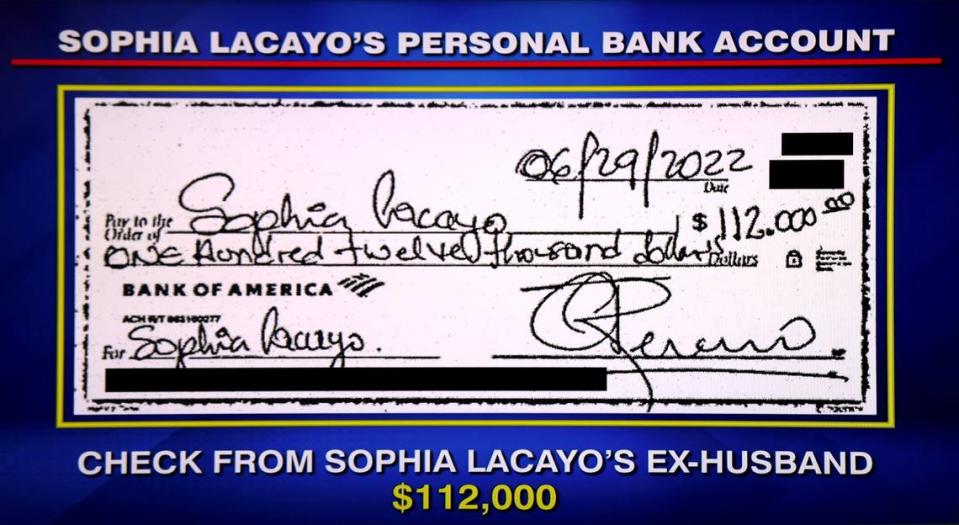 The copy of a loan check written to Sophia Lacayo is displayed on a flat screen TV during the press conference during the announcement of her arrest. State Attorney Katherine Fernandez Rundle announced the arrest of former Miami-Dade commission candidate Sophia Lacayo for alleged campaign finance irregularities during a press conference on Wednesday, July 26, 2023 at the State Attorney’s Office in Miami, Florida.
