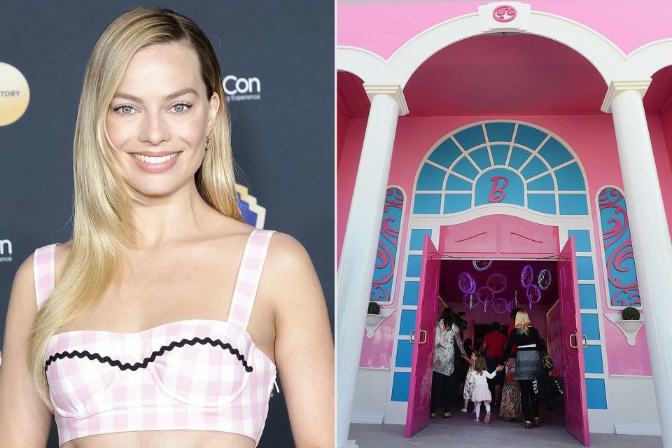 <p>Greg Doherty/WireImage, Jens Kalaene/picture alliance via Getty</p> Margot Robbie; Barbie Dreamhouse 