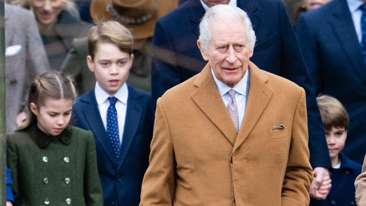 Princess Charlotte, Prince George and Prince Louis walk with King Charles