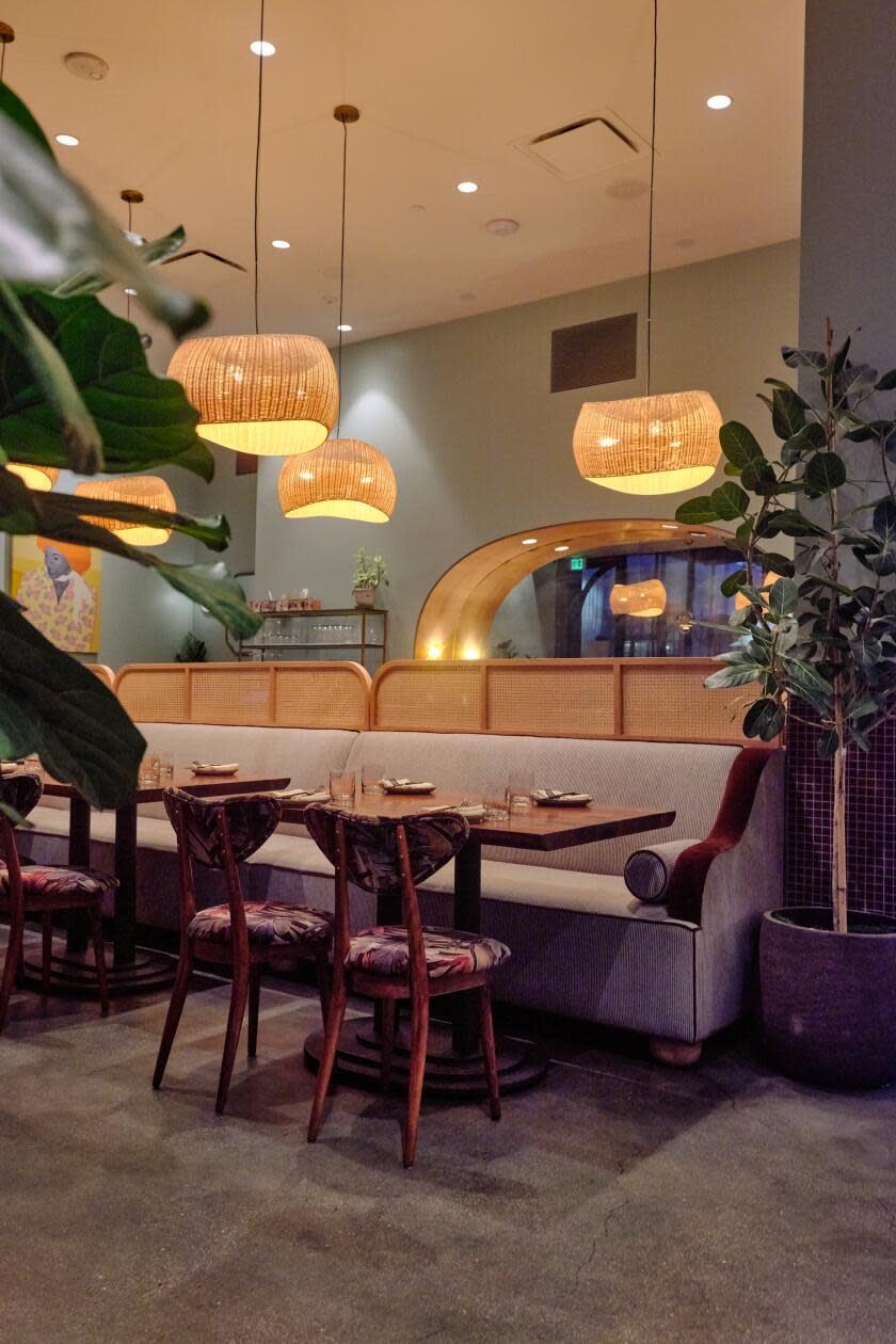 A view of the interior of Joyce's restaurant with powder blue walls.