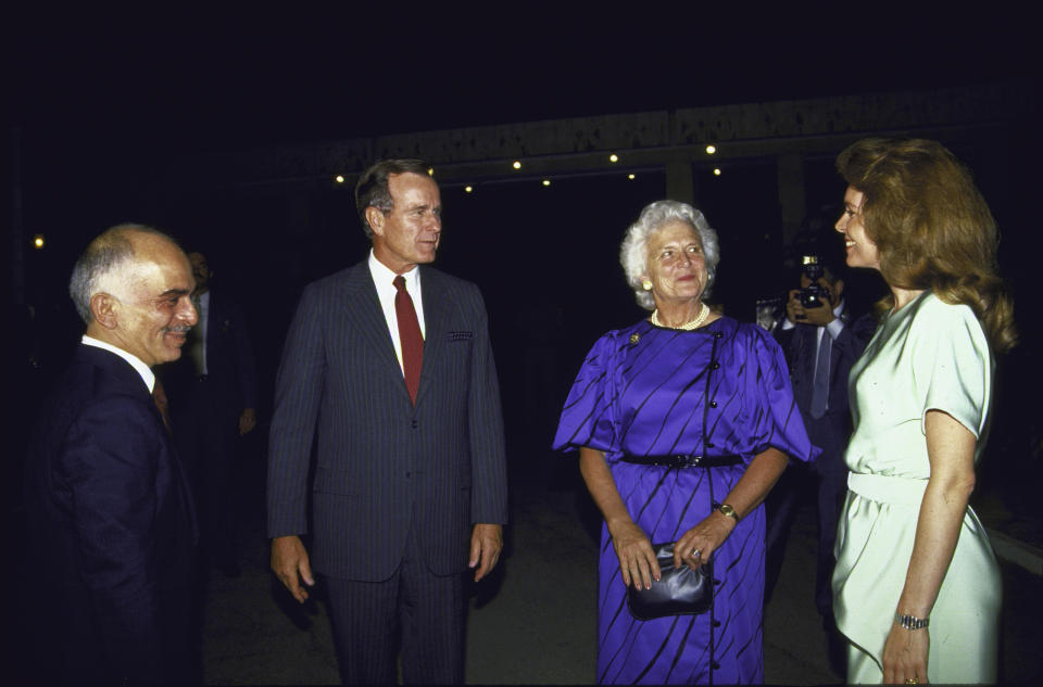 King Hussein ibn Talal and Queen Noor of Jordan chat with Vice President George H.W. Bush and Barbara Bush in the 1980s.