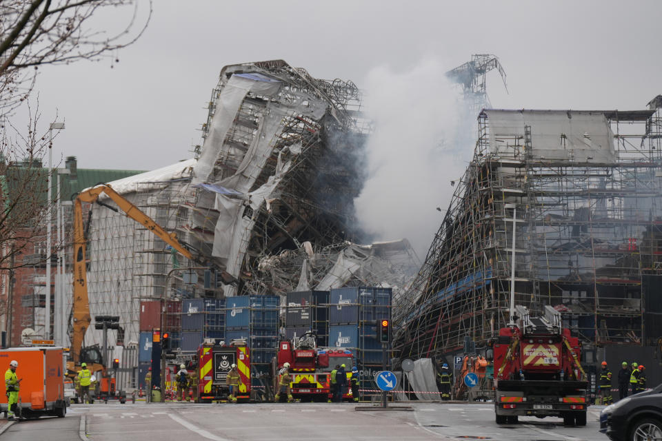 The ruins after the outer wall has collapsed in a fire in the historical building Boersen, the former Stock Exchange in Copenhagen, Denmark, Friday April 19, 2024. Copenhagen's mayor said Thursday she contacted her Paris counterpart to see what could be learned from the reconstruction of the Notre Dame cathedral in the French capital, after a fire devastated the Danish city's 400-year-old stock exchange building. (Emil Helms/Ritzau Scanpix via AP)