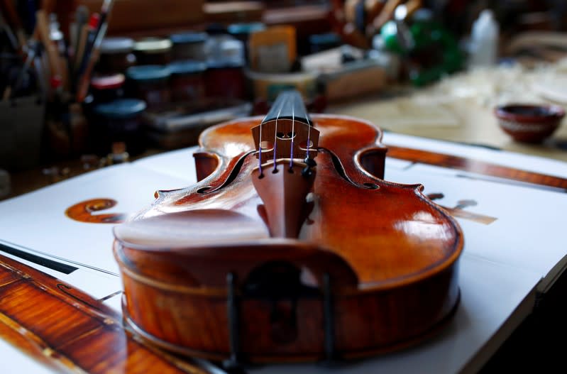 A finished replica of a Giuseppe Guarneri del Gesu violin is seen at the shop of internationally recognised self-taught craftsman Svetozar Bogdanovski, in Veles