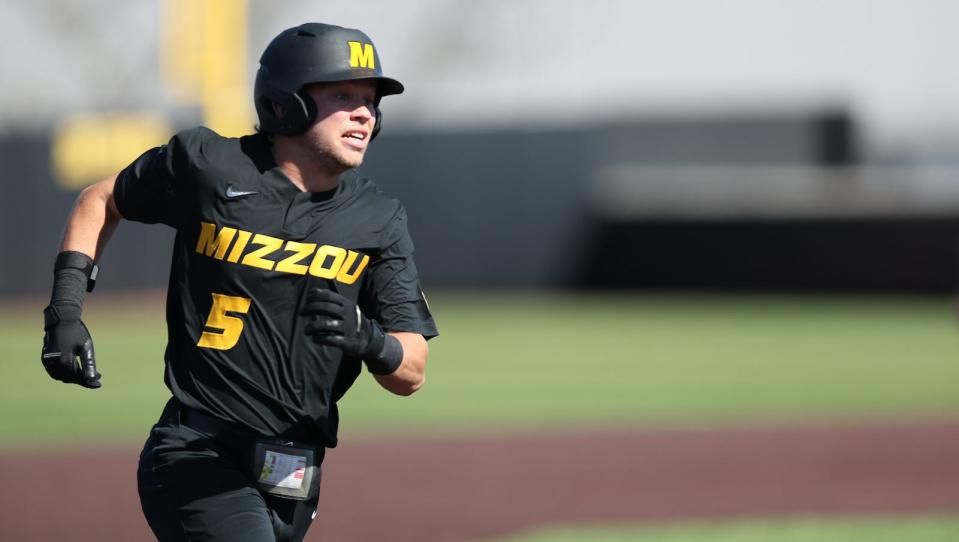 Missouri baseball first baseman Brock Daniels rounds the bases during a game against Florida on Sunday at Taylor Stadium in Columbia.