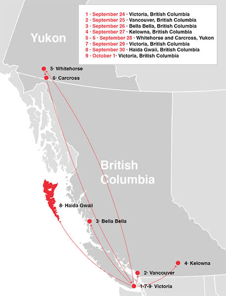 Map of Canadian West coast with tour dates