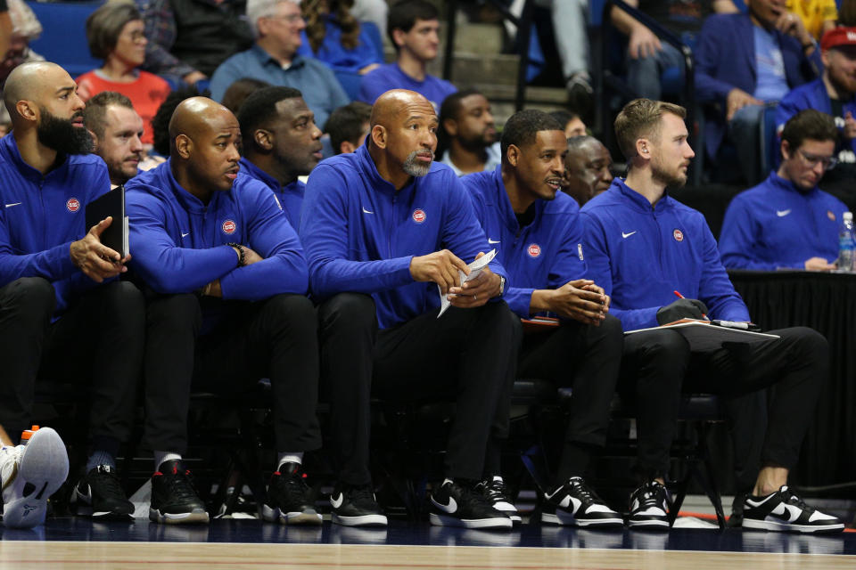 Oct 19, 2023; Tulsa, Oklahoma, USA; Detroit Pistons head coach Monty Williams sits with his staff in the second half against the Oklahoma City Thunder at BOK Center. Mandatory Credit: Joey Johnson-USA TODAY Sports