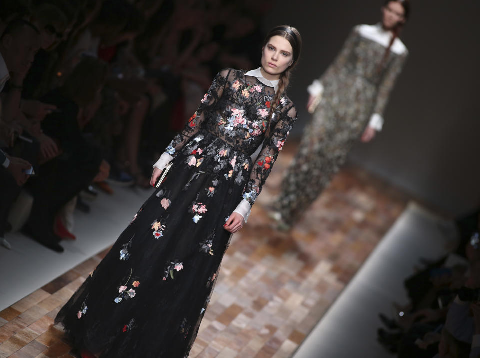 A model wears a creation by fashion designers Maria Grazia Chiuri and Pier Paolo Piccioli for Valentino's Ready to Wear's Fall-Winter 2013-2014 fashion collection, presented, Tuesday, March 5, 2013 in Paris. (AP Photo/Thibault Camus)