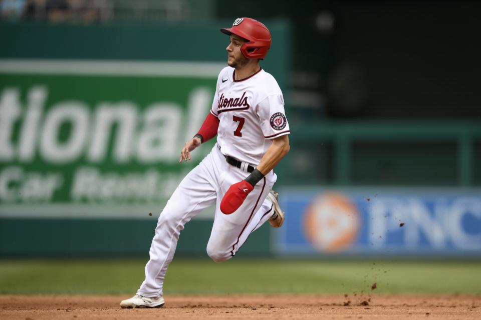 Trea Turner runs the bases for the Nationals during a game against the San Diego Padres on July 18, 2021.