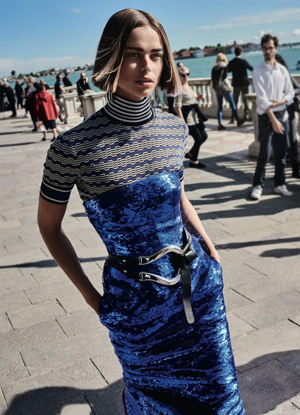 <strong>Blue Period</strong> Picasso had one—why shouldn’t you? Oscar de la Renta dress; Oscar de la Renta boutiques. Missoni top, $830; Missoni, NYC. Tiffany & Co. Elsa Peretti belt.